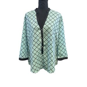New York & Co Women's‎ SZ:XL Silky Blue Diamond Print Blouse Long Sleeve Casual